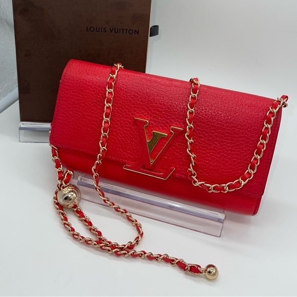 ♥️ Louis Vuitton Wallet Capucine Taurillon Leather Red Long with Box Chain Sarah - Picture 3 of 16